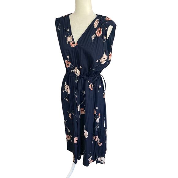 Vince Tossed Poppy V-Neck Pleated Midi Dress Size Large Effortlessly Chic Modern - Picture 5 of 16